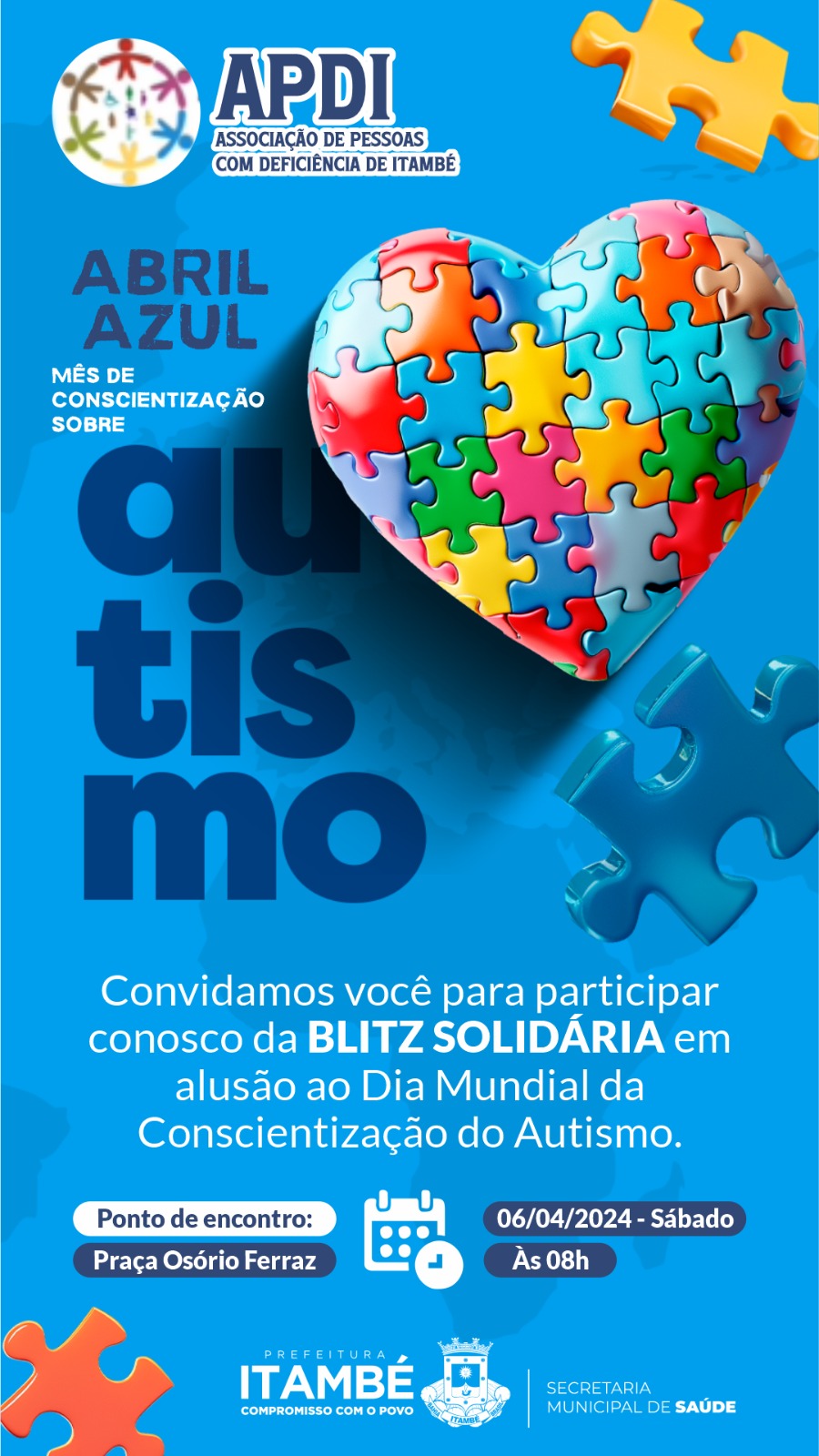 Blitz Solidária de Conscientização do Autismo acontece neste sábado (06) em Itambé