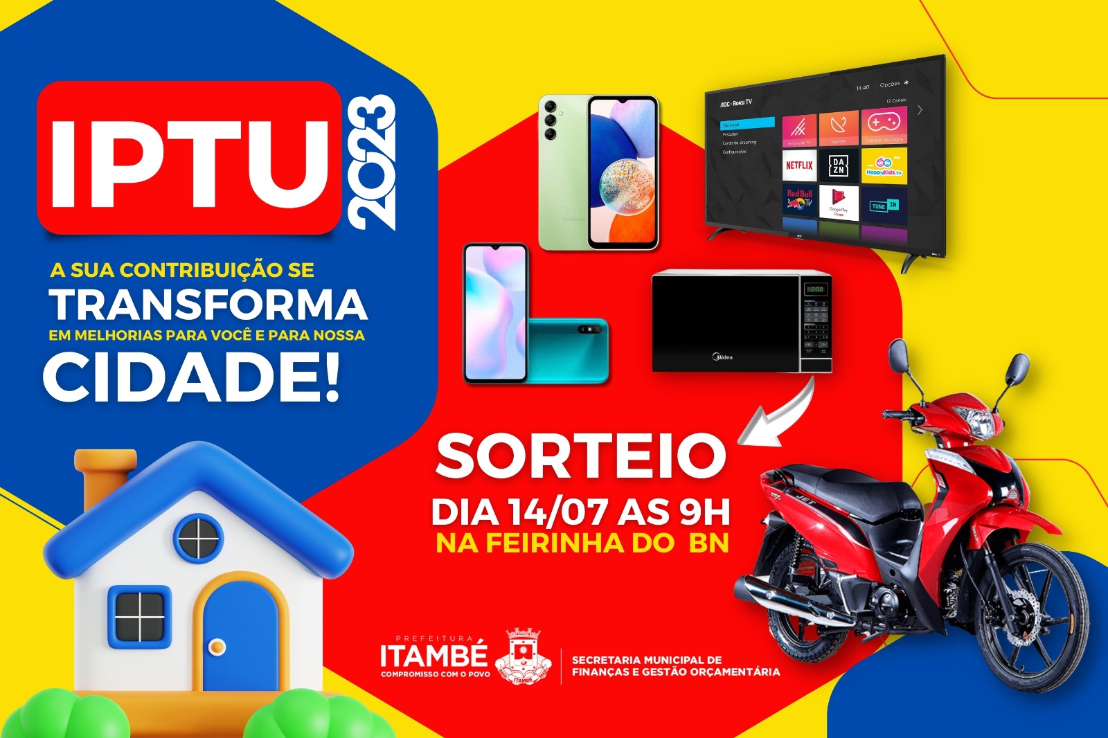 Campanha IPTU 2023 vai sortear no dia 14 de julho uma moto zero km e vários outros prêmios