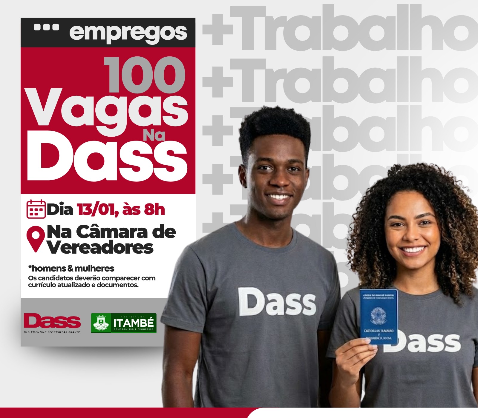 Parceria entre Prefeitura e Grupo Dass promove seleção para 100 vagas de emprego nesta terça (13)